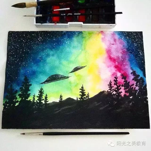 漂亮的水彩星空,冷色系的水彩星空简单