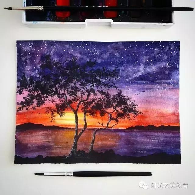 漂亮的水彩星空,冷色系的水彩星空简单