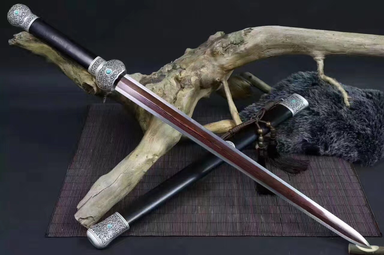 20寸-百炼花纹钢高硬度镀银乌木剑鞘太子战剑鉴赏