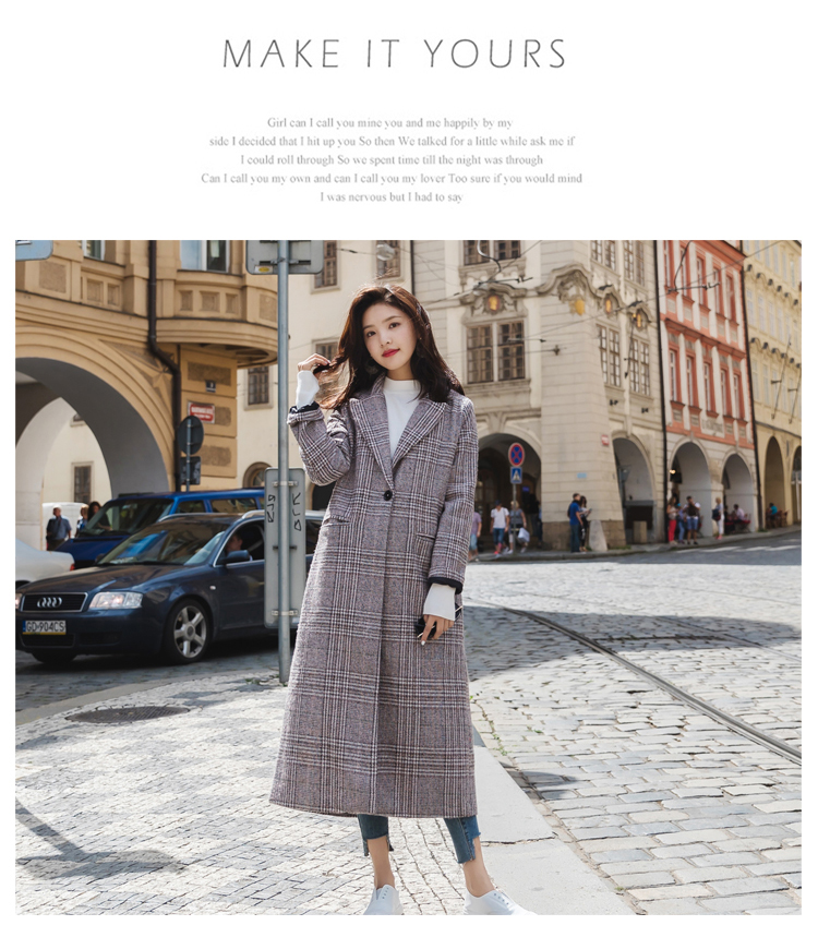 长款毛呢女外套，千鸟格加厚呢子大衣