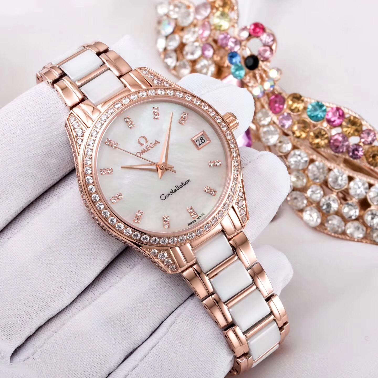 欧米茄omega星空镶钻腕表,女神专属轻奢镶钻陶瓷腕表