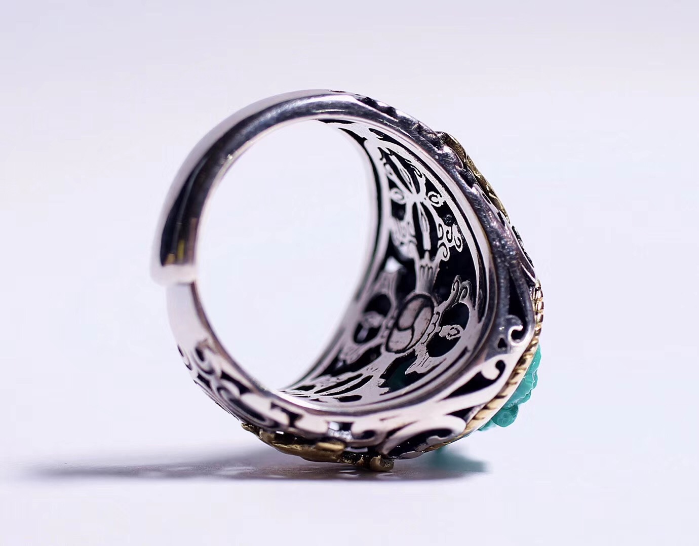 北工牙雕大师作品,喀什纯黄铜手工制作戒指