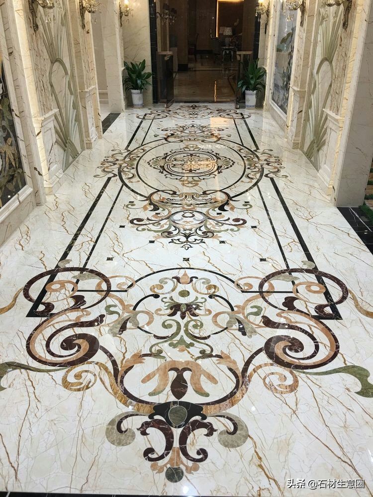 大理石地面水刀拼花效果图,100多平方水刀拼花图片