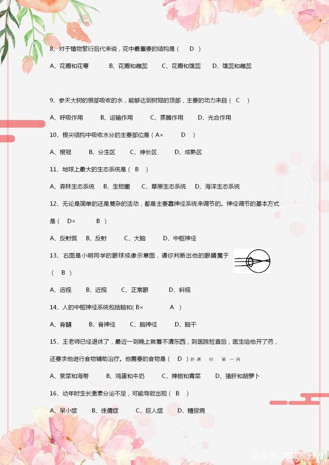 初中生物会考真题练习,2021初中生物会考模拟卷子及答案