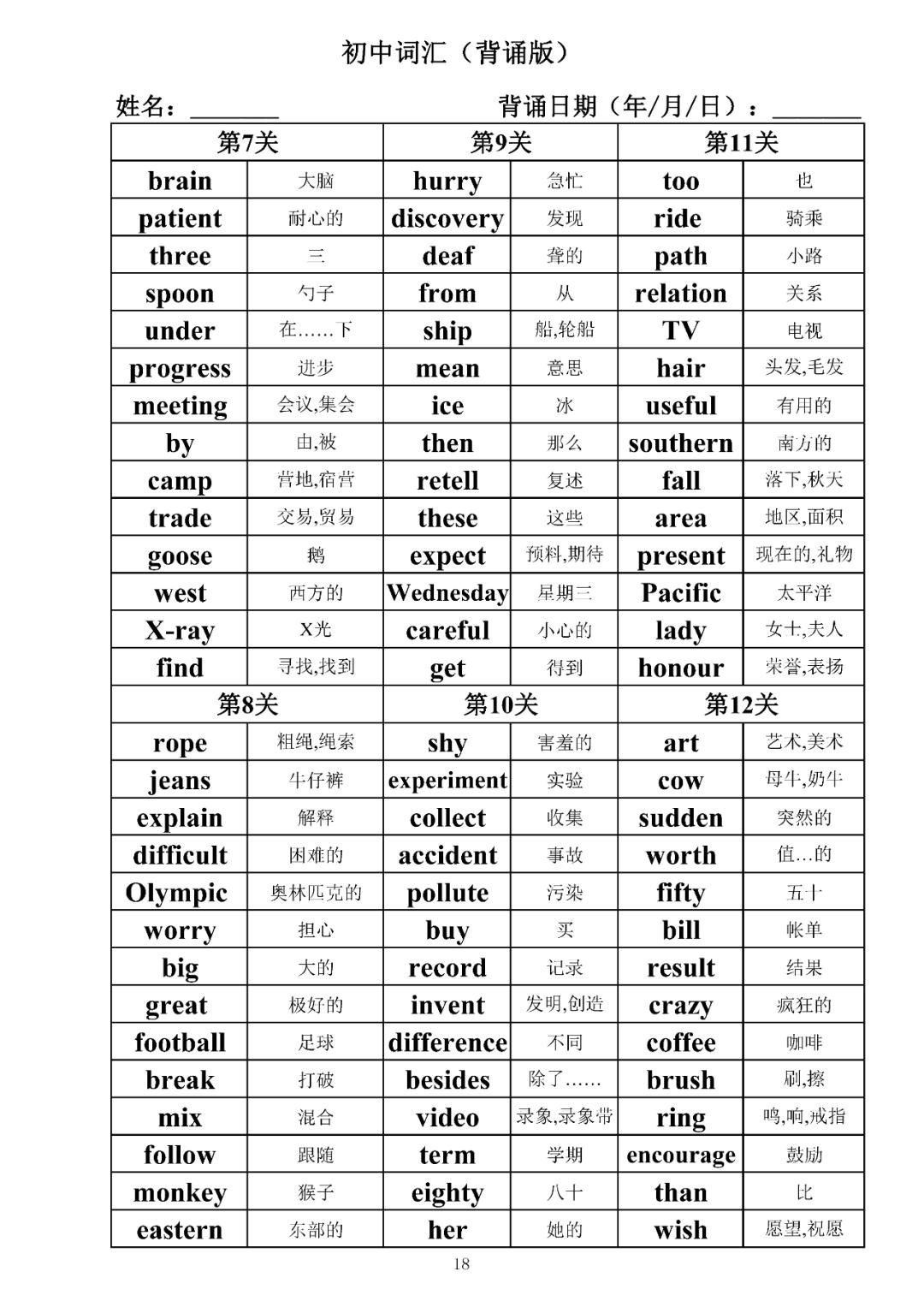 初中英语单词默写打印版免费,八年级上册英语单词默写表打印