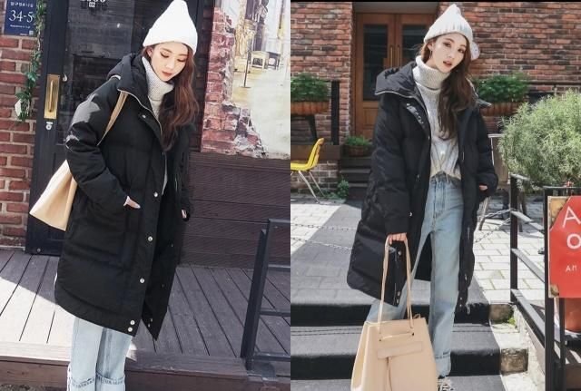 黑色长款羽绒服冬季穿搭高级感,冬天黑色羽绒服穿搭中长款