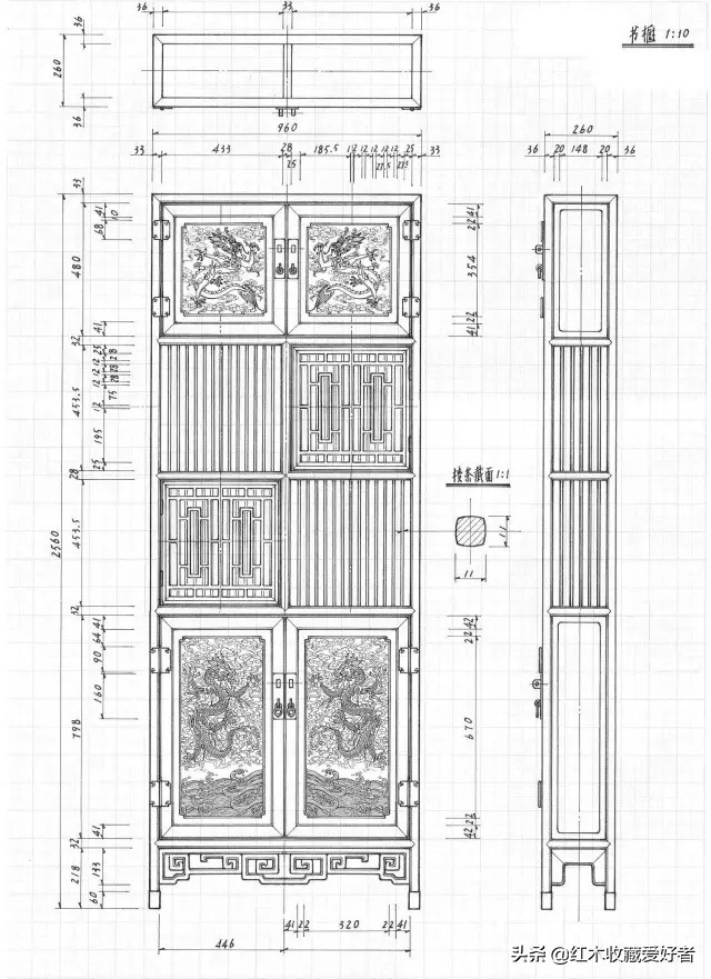 中国传统家具手绘三视图,古典家具设计图纸