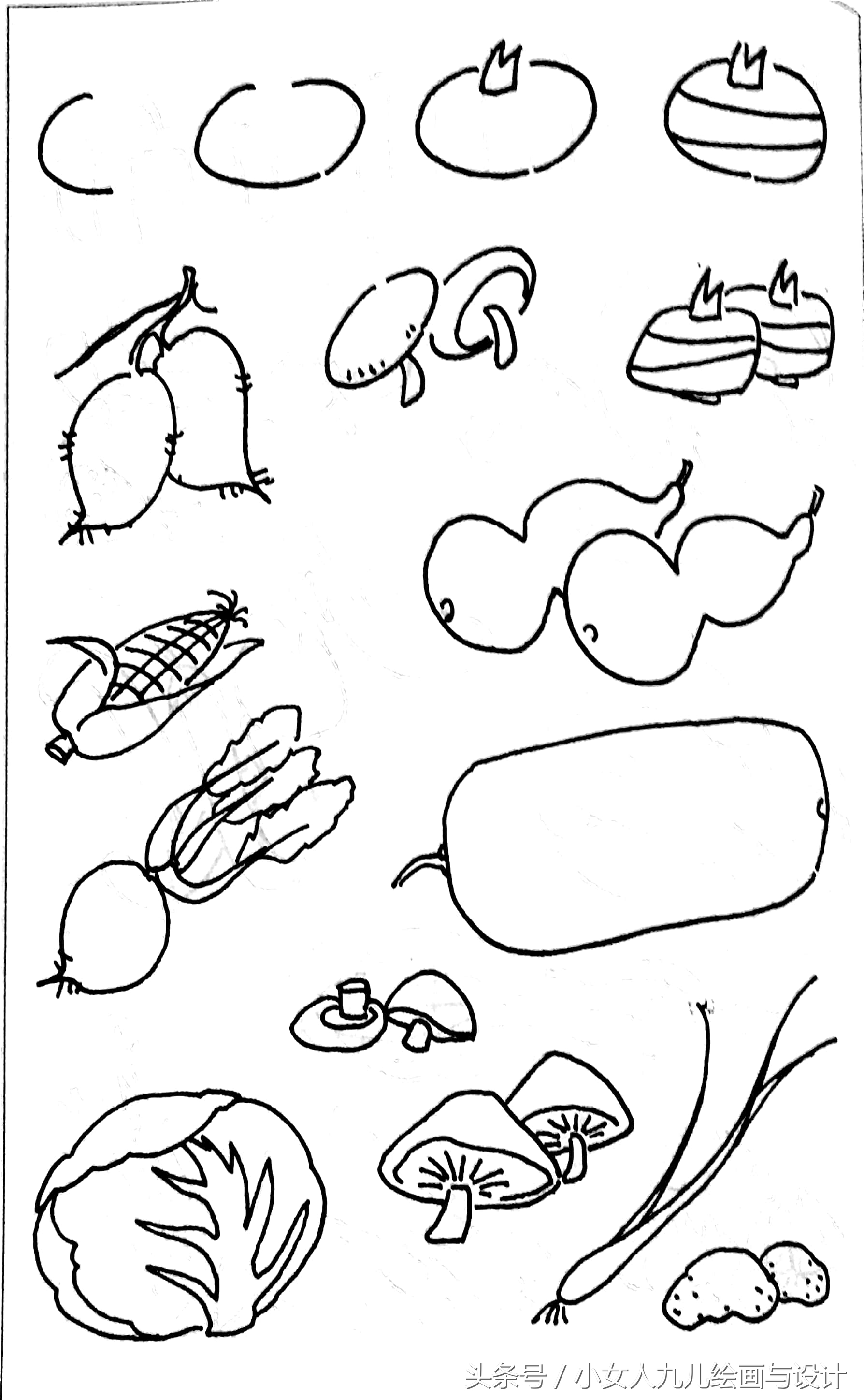 水果蔬菜简笔画线描组合,五六月应季水果和蔬菜简笔画