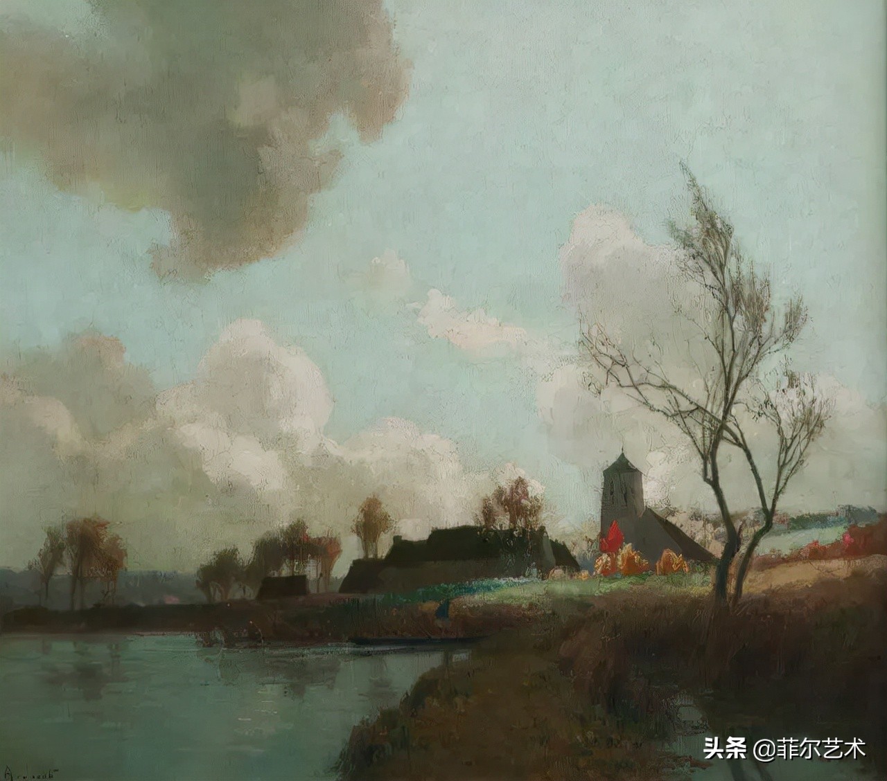 极简油画金色麦田和山,以红蓝为基调的风景油画