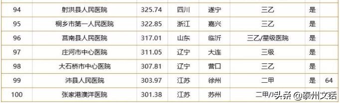 泰州市十强医院排名,泰州市20年100强企业名单