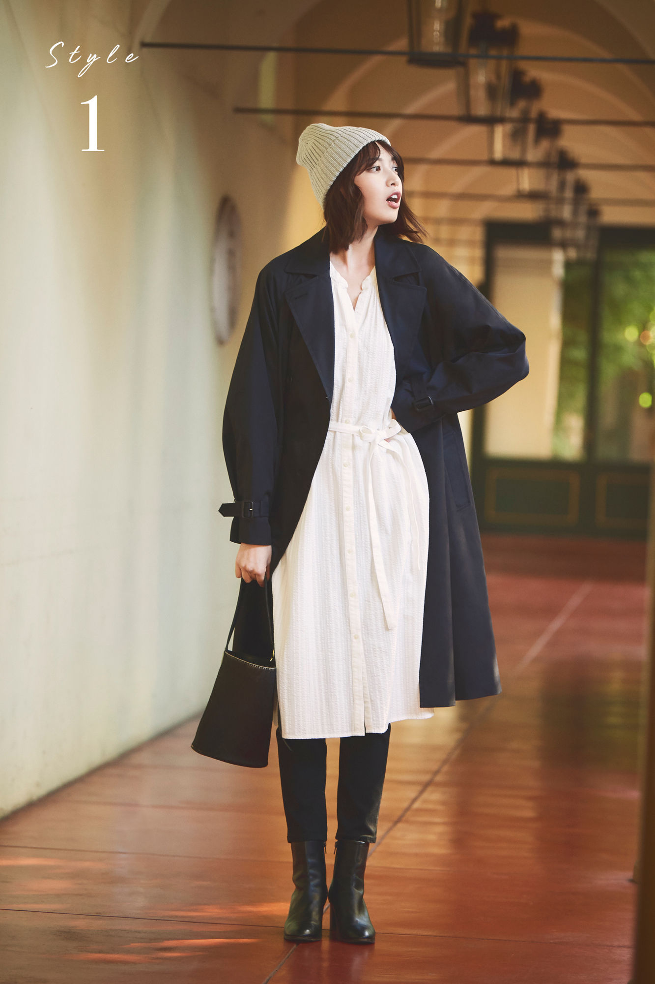 优衣库雪纺木耳领飘带打褶连衣裙,优衣库法兰绒衬衫式连衣裙穿搭