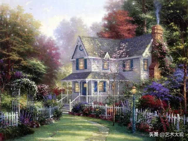 美式欧式田园风光油画,童话里的小屋子绘画