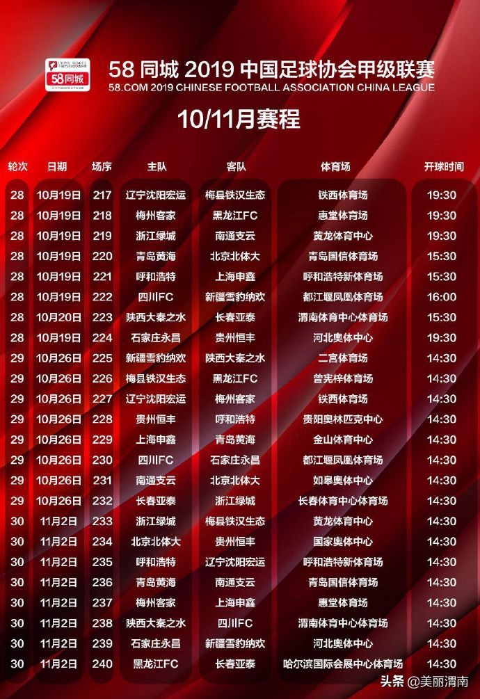 2019年中国足球甲级联赛赛程表,2019中国足球甲级联赛赛程