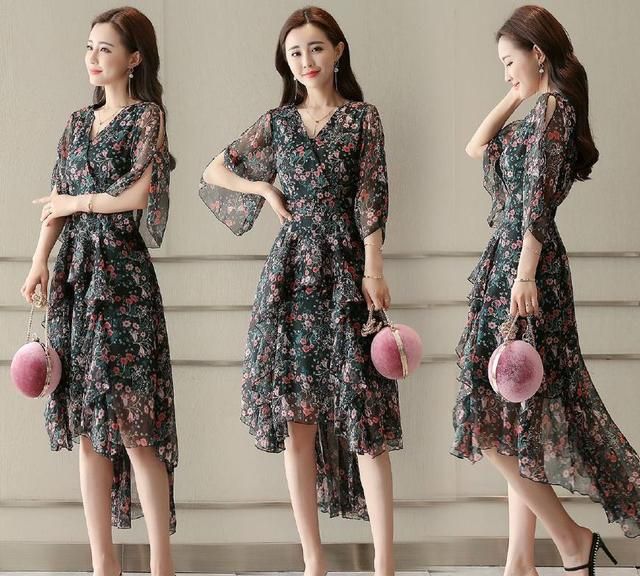 宽松气质印花连衣裙洋气时尚减龄,时尚印花长款大摆雪纺高档连衣裙