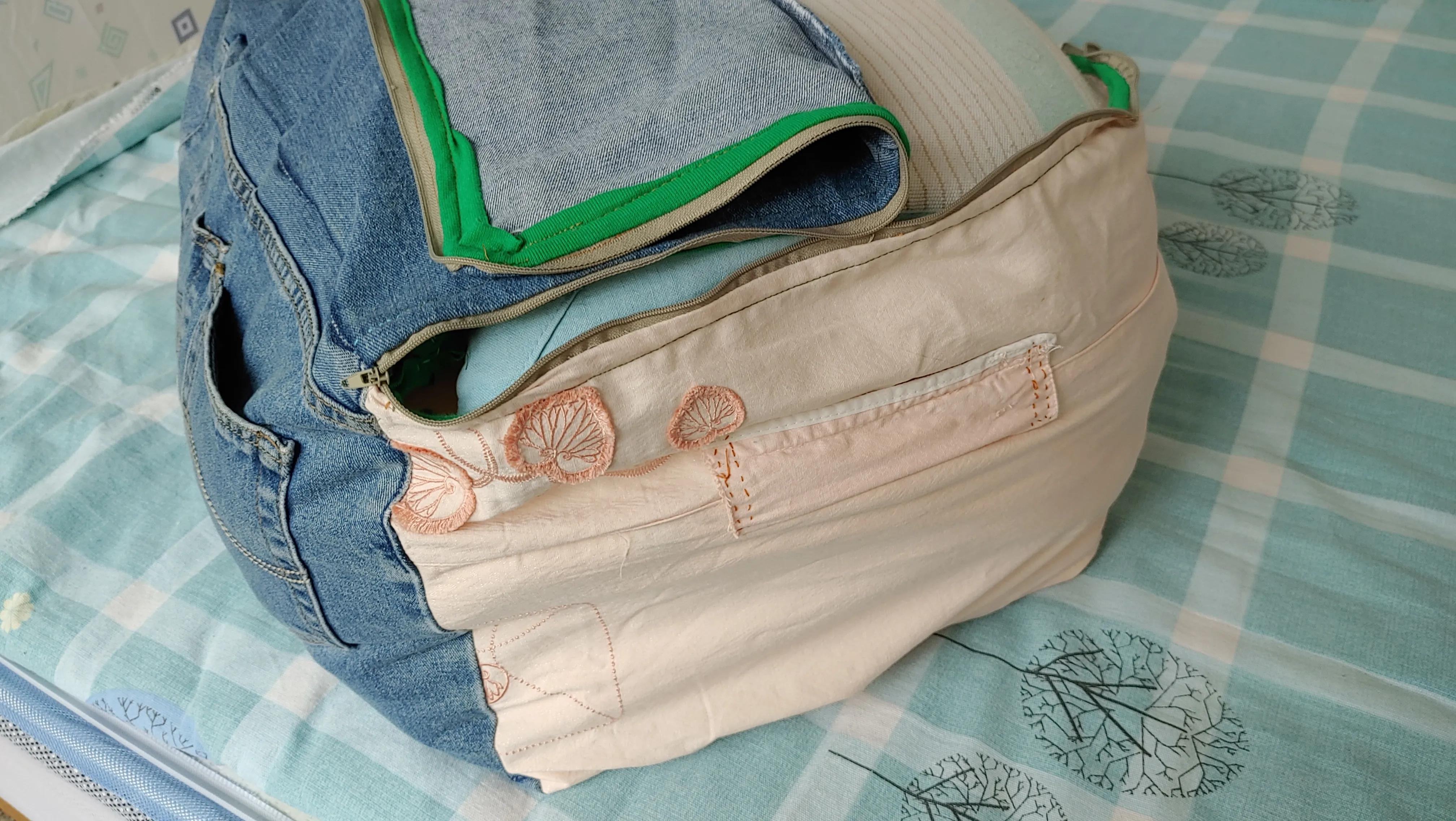 旧裤子改造成收纳箱,旧牛仔裤改造装被子的大包