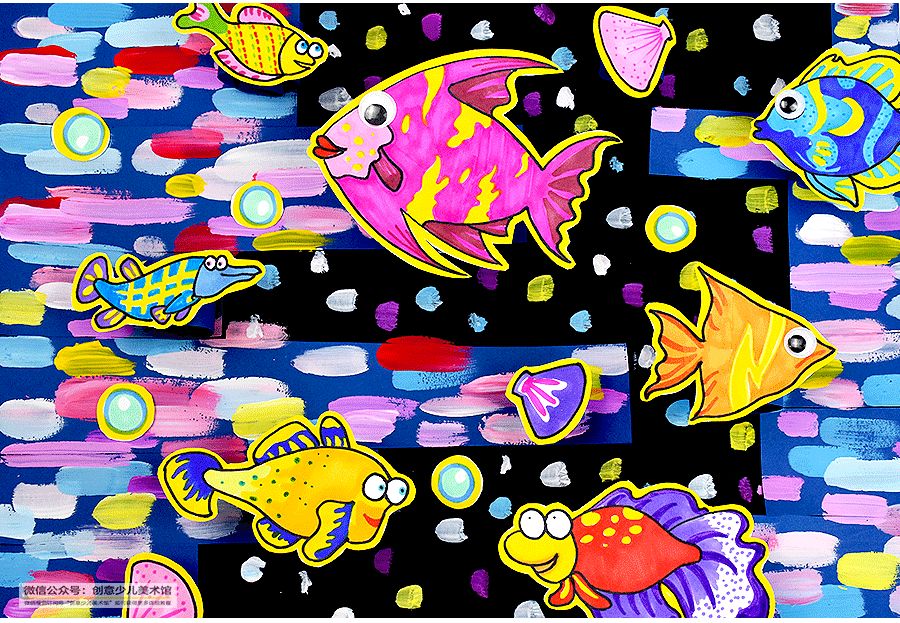 儿童画各种颜色的鱼,三角形鱼儿儿童画