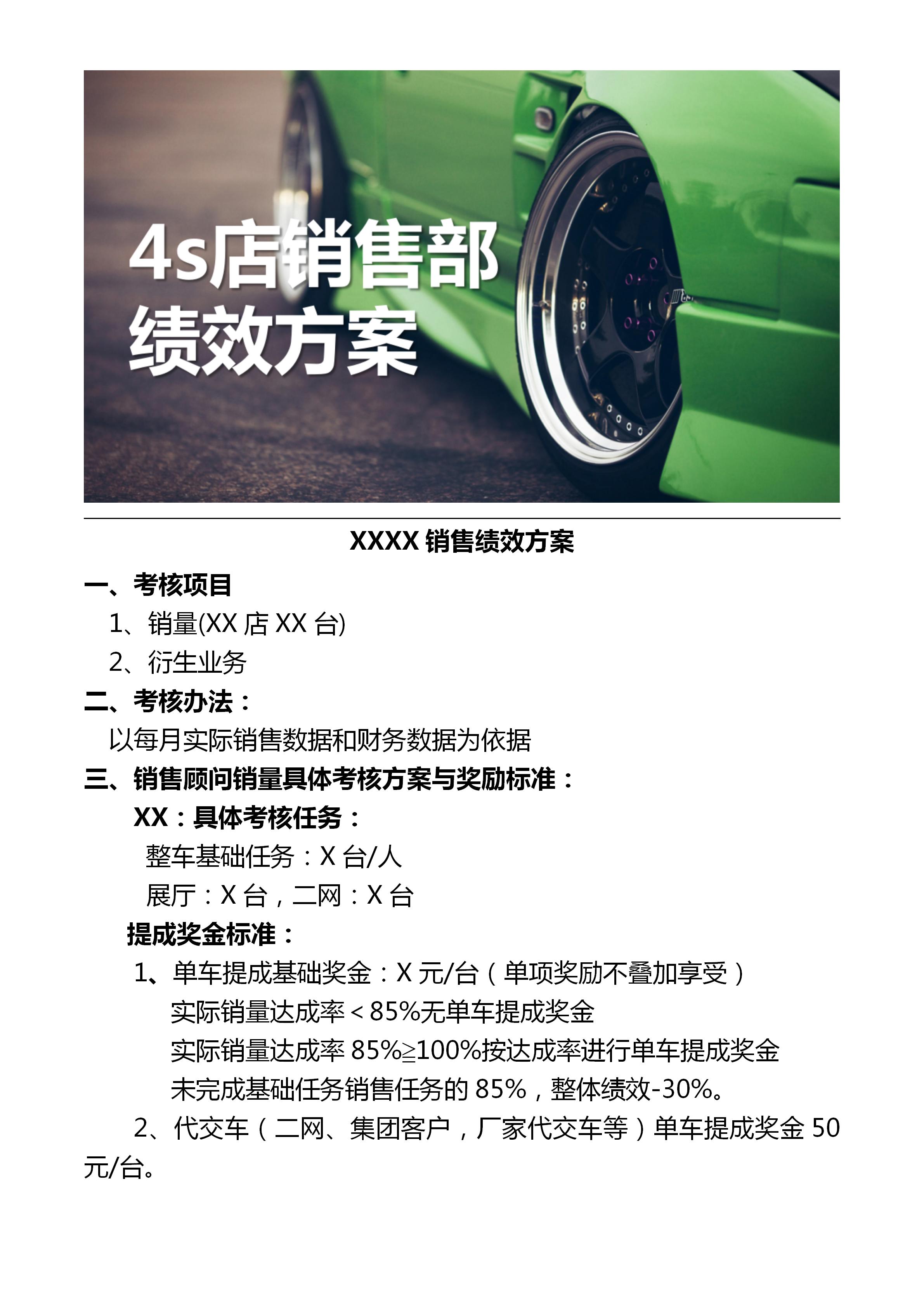4s店财务绩效考核方案,4s店销售部和市场部的绩效