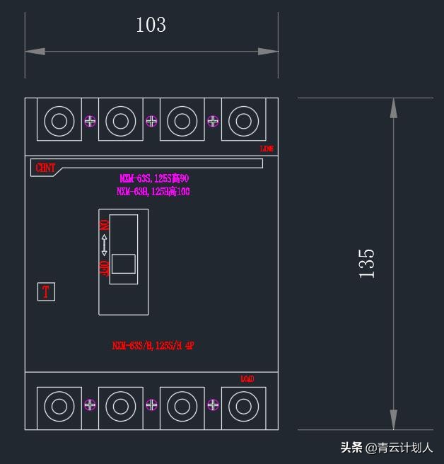 正泰断路器cad尺寸图,正泰塑壳断路器昆仑系列