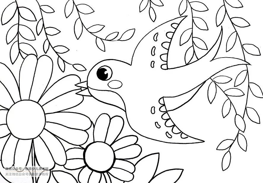 创意儿童画花丛中飞舞的蝴蝶,花丛中飞来一只燕子儿童画