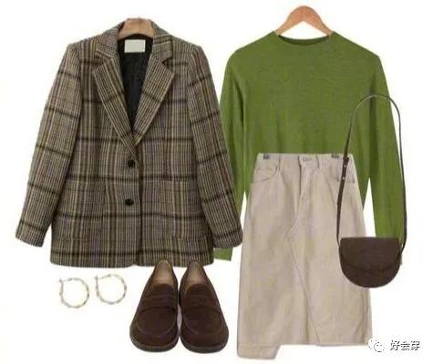 棕色格纹西服搭配裙子,亚麻格纹西服休闲服搭配