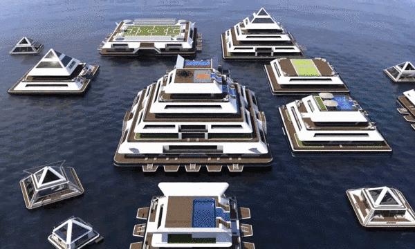 他在海上，建了一栋水上“金字塔”，里面有豪宅，还有飞碟