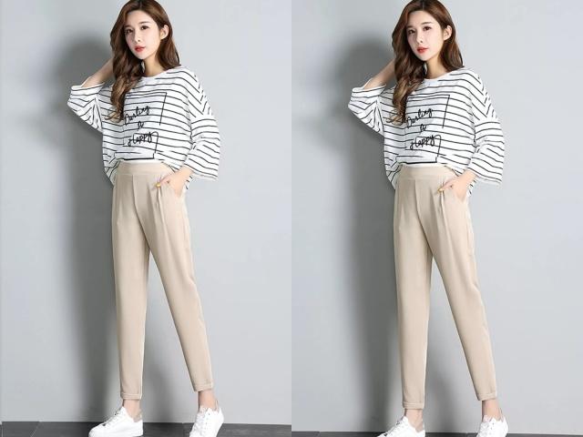 哈伦裤搭配什么t恤好看,时尚不规则开叉短t恤配哈伦裤