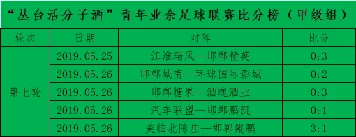 2019年邯郸市“丛台活分子酒”青年业余足球联赛第七轮战罢