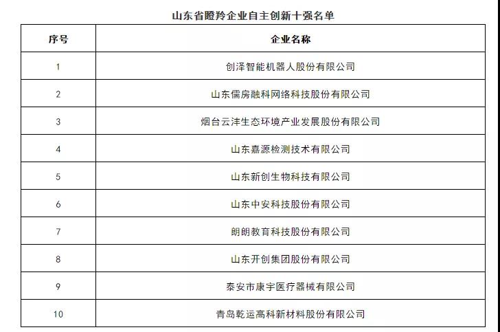 开创集团成功入选山东省瞪羚企业“自主创新十强”