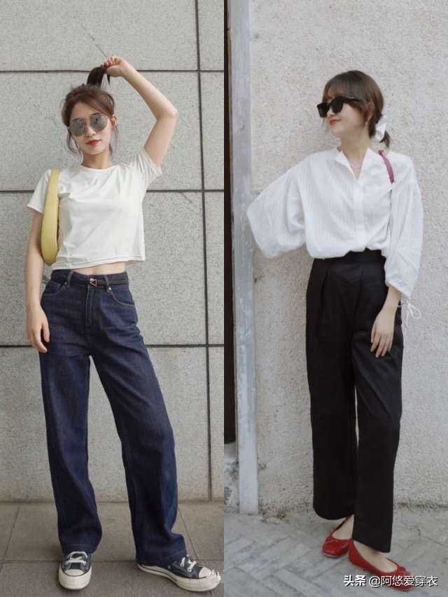 小个子怎么穿牛仔直筒阔腿裤,个子矮腿粗胯大穿白色阔腿裤