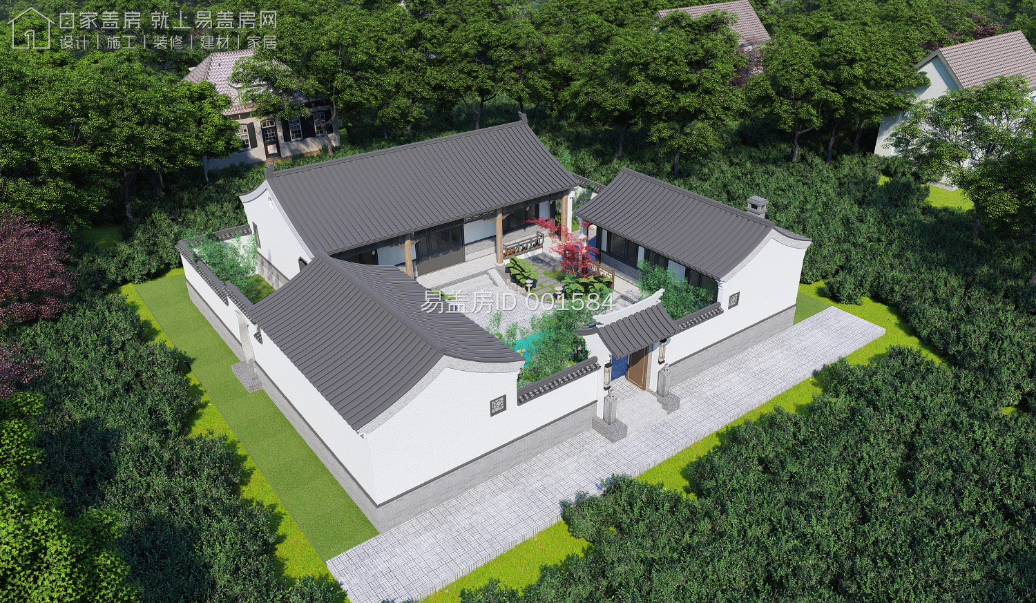 农村现代5套单层三合院,15米宽20米长中式合院图纸