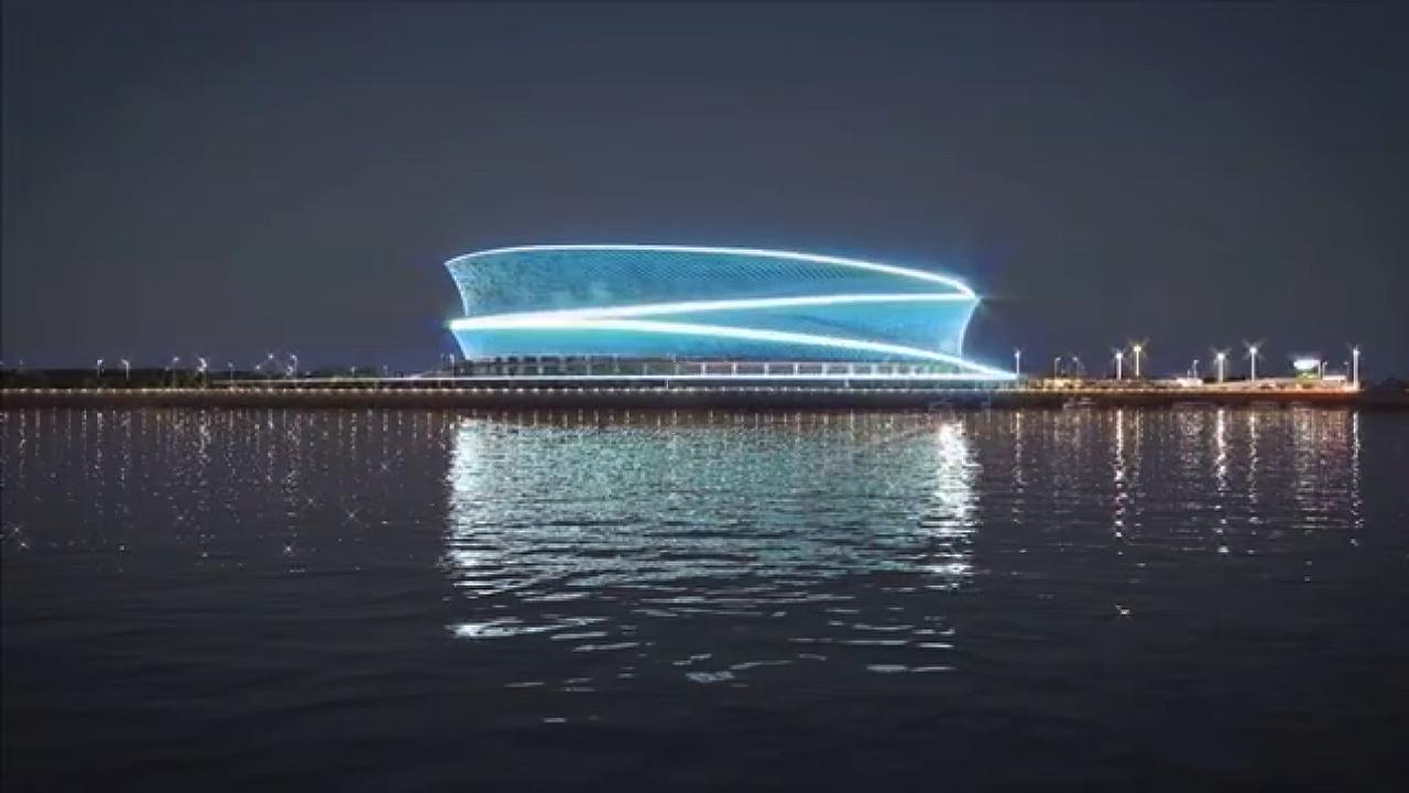 大连梭鱼湾专业足球场膜结构,鸟瞰大连梭鱼湾足球场