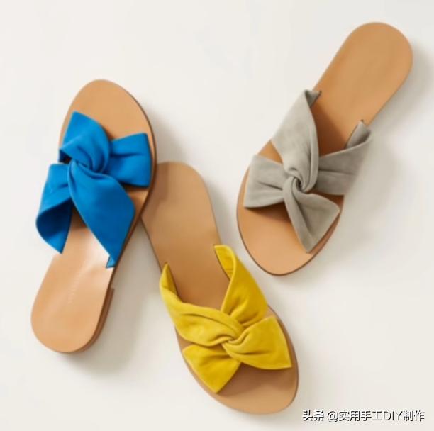 斜条纹小蝴蝶结拖鞋的织法,蝴蝶结草编拖鞋