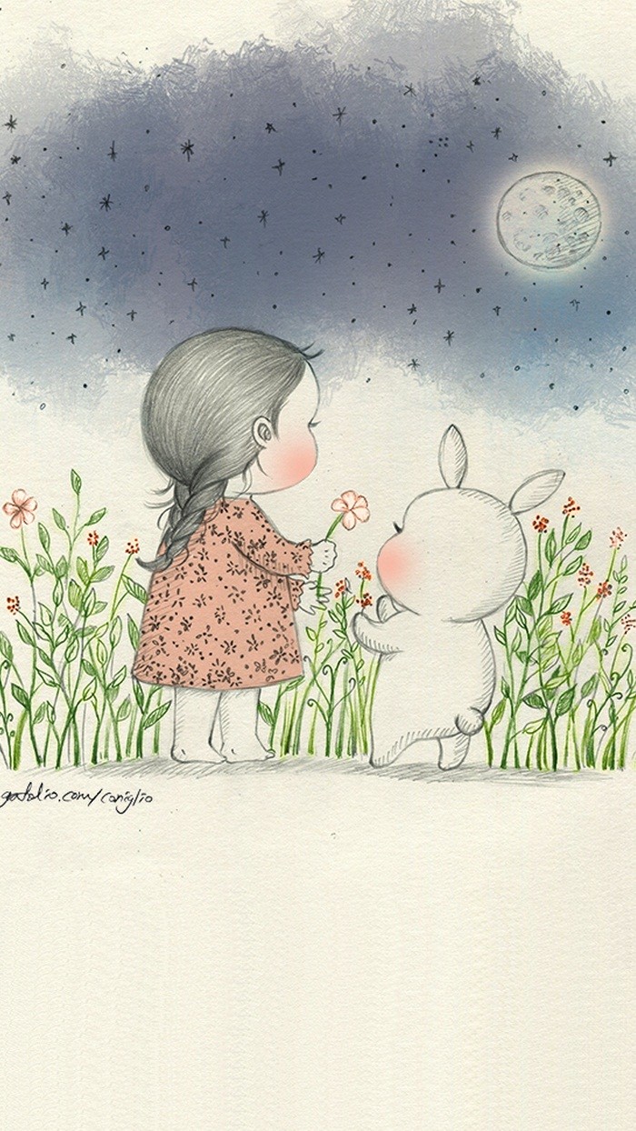 少女与兔子插画,兔子手绘创意插画