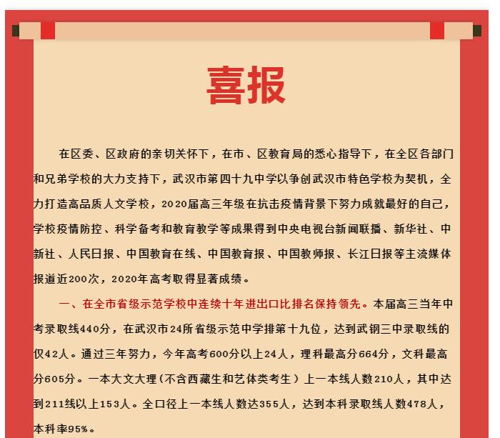 武汉市49中高考成绩喜报,武汉49中高考喜报2019
