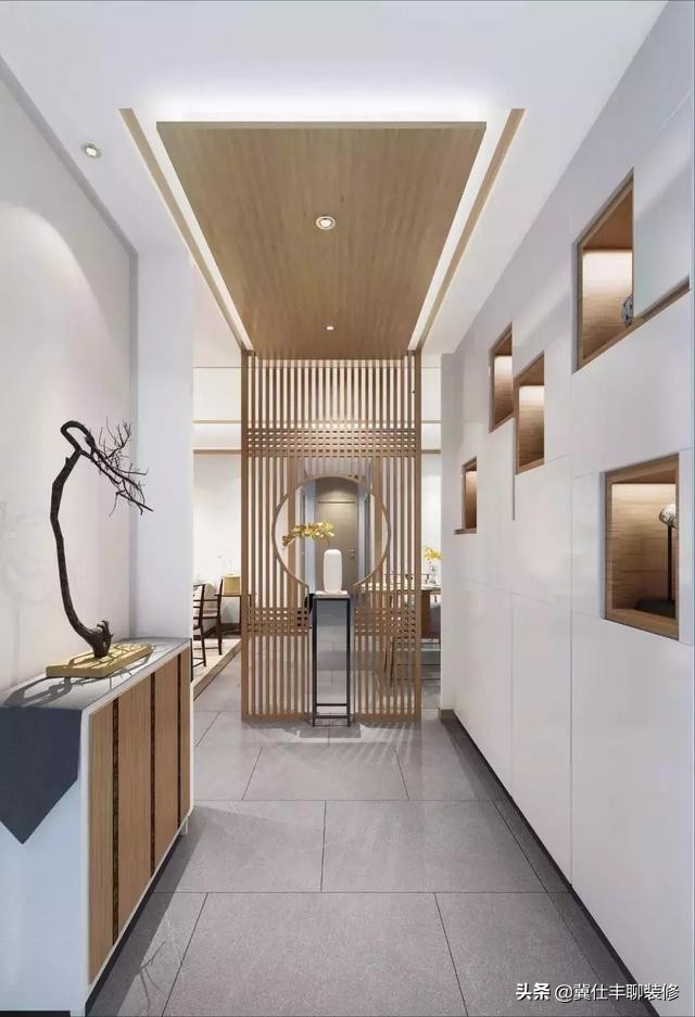 玄关用格栅和木饰面搭配效果图,木格栅玄关用什么点缀