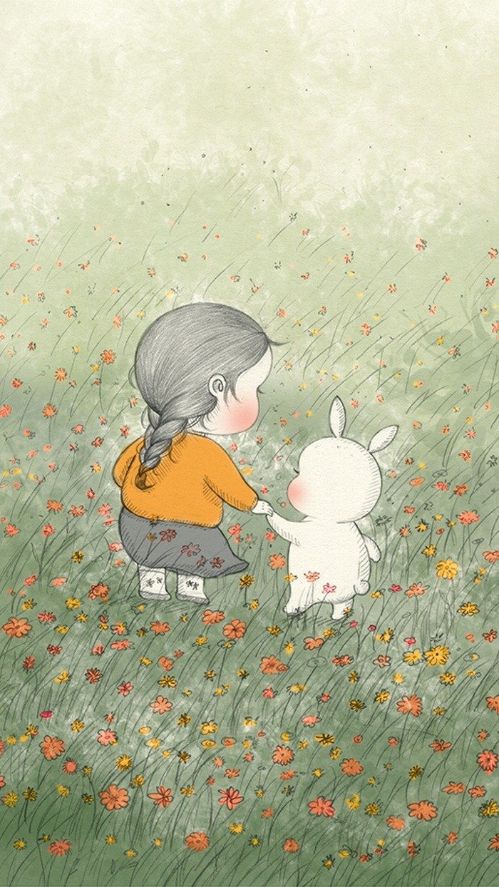 少女与兔子插画,兔子手绘创意插画