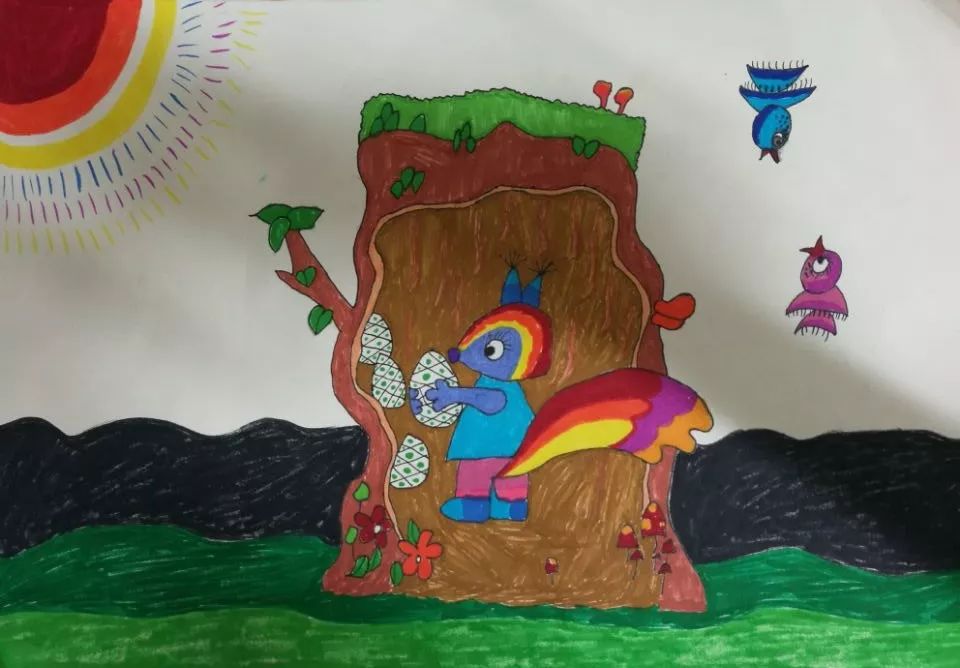 树洞画100幅欣赏,树洞松鼠儿童画