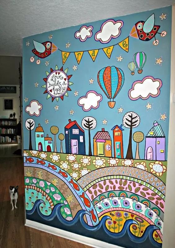 儿童卧室简单墙画手绘,留一面水泥墙