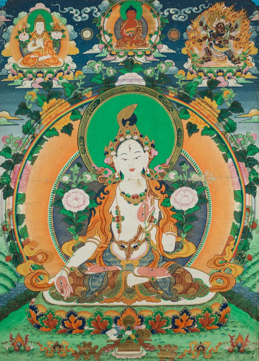 黑金白度母手绘唐卡,手绘白度母唐卡