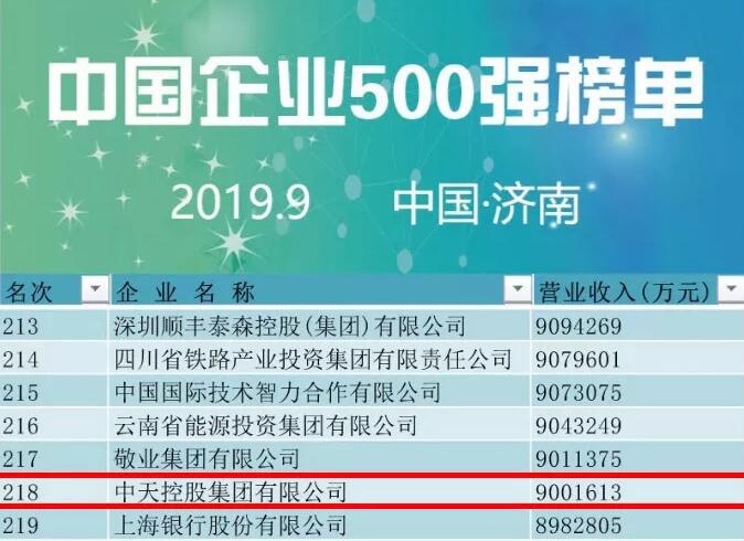 中天控股中国企业500强,中天控股集团中国企业排名