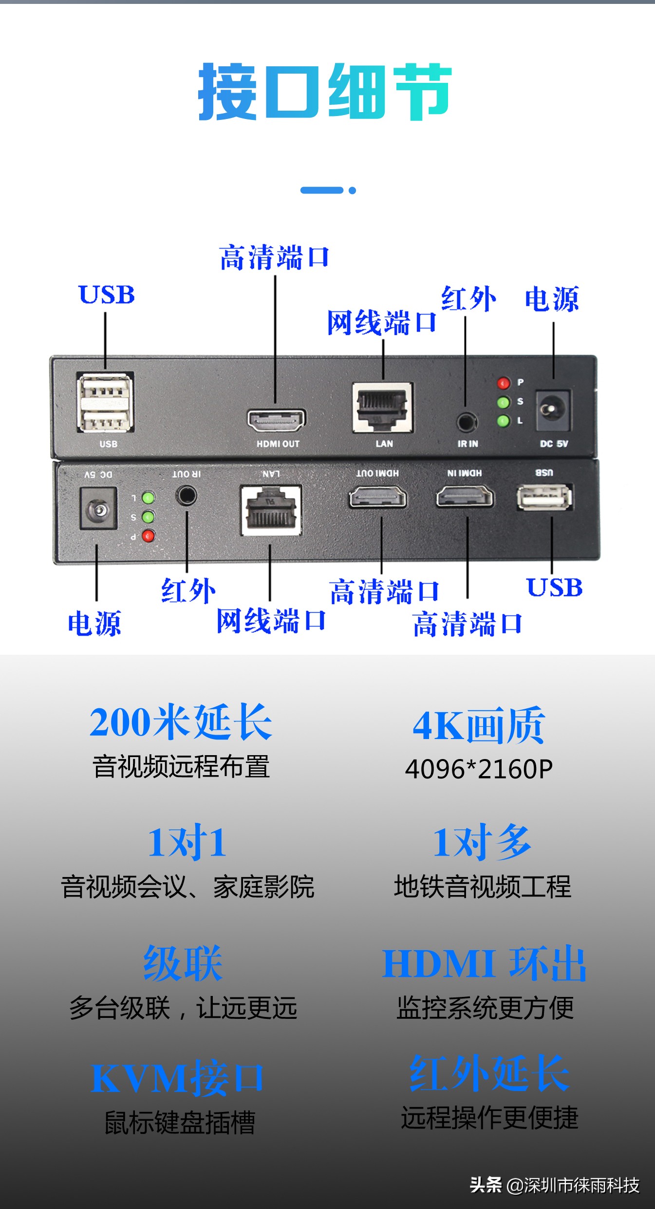 「徕雨科技」网线200米HDMI+KVM+IR信号延长器（sp200k）