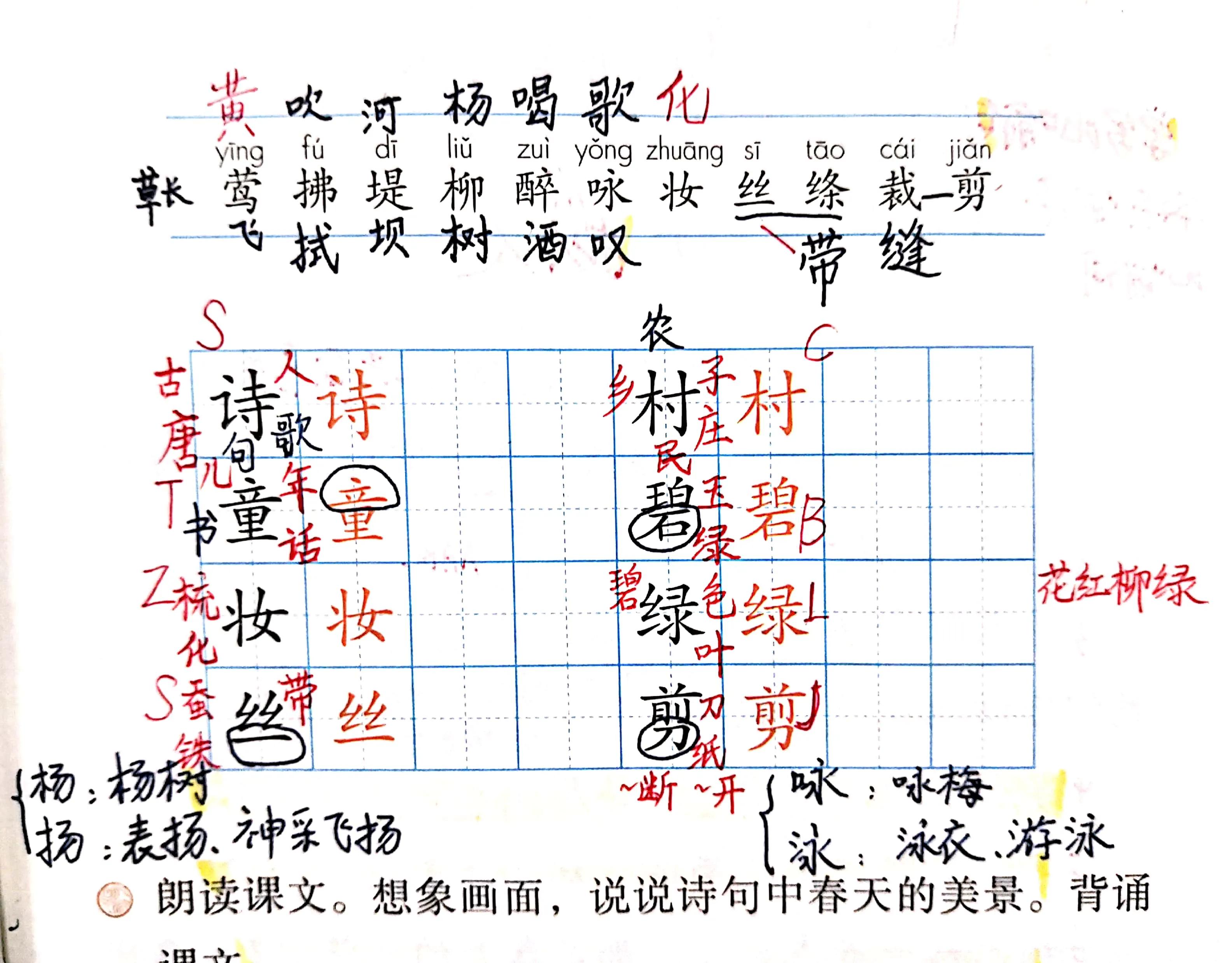 二年级下册语文古诗二首村居笔记,二年级下册语文古诗二首咏柳笔记
