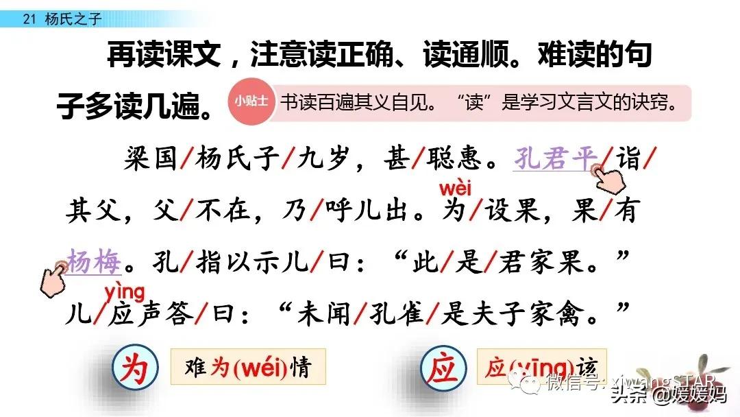 部编版五年级语文21杨氏之子教案,五年级下册语文21课杨氏之子笔记