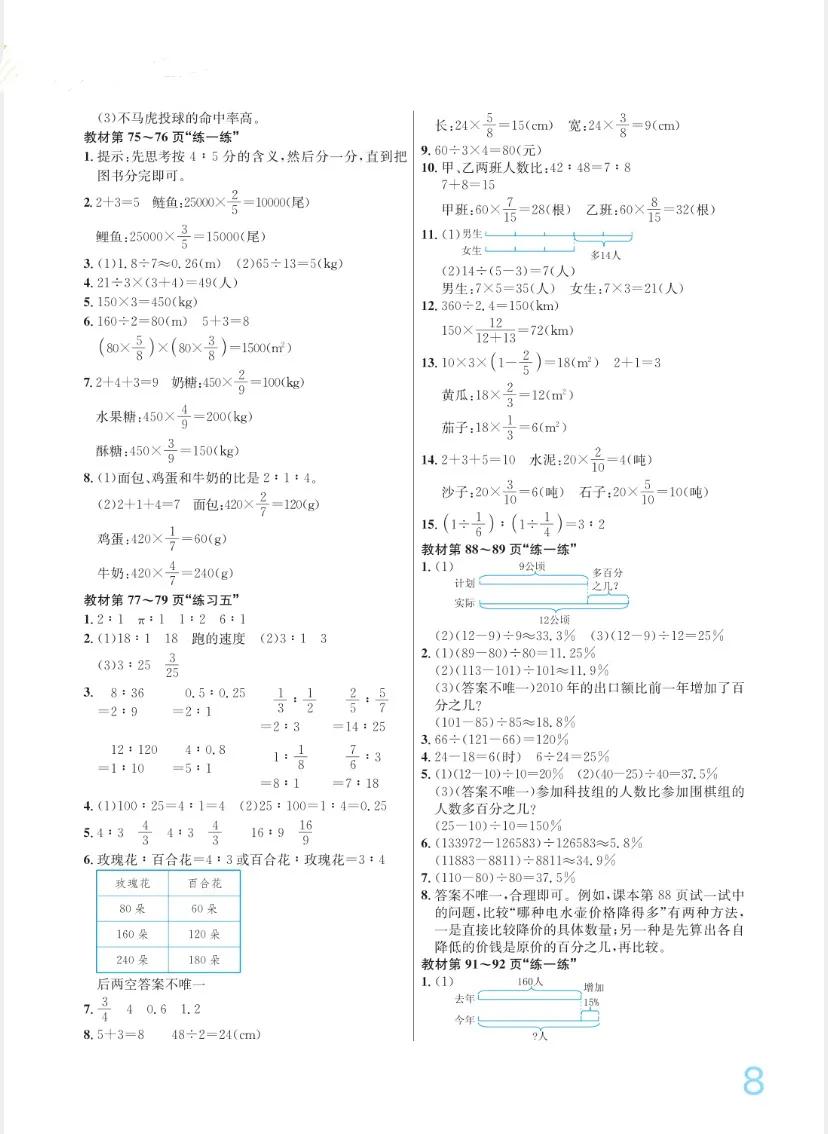 六年级数学北师大版教材习题答案,北师大版六年级上册数学99页答案