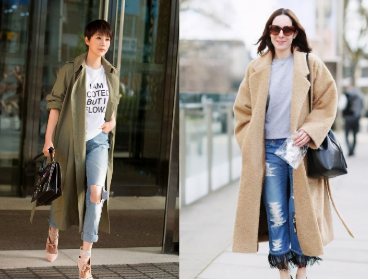 风衣搭配黑色九分直筒裤,中款风衣搭配微喇叭裤