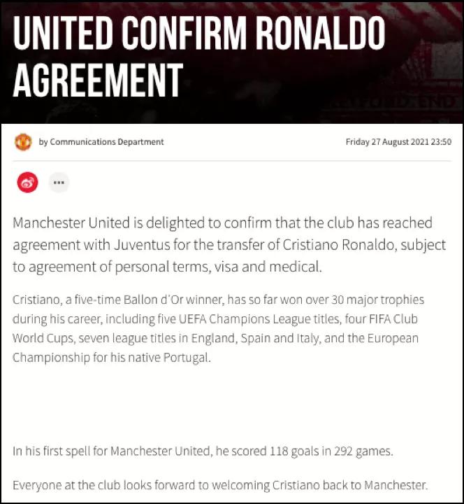 “C罗，欢迎回家！”丨克里斯蒂亚诺·罗纳尔多同意曼联回归