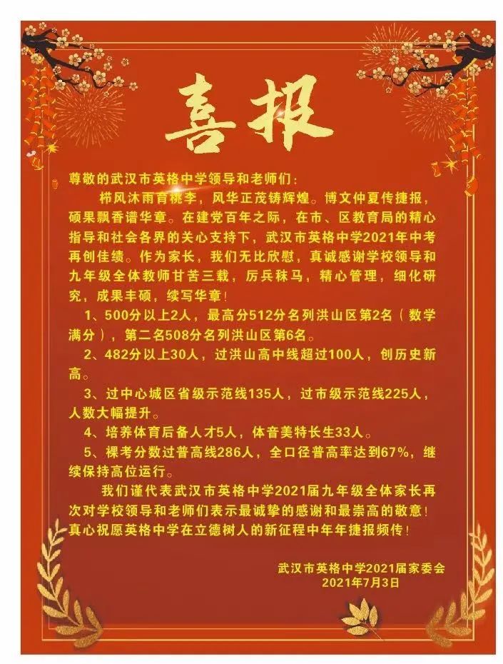 2021年武汉市初中中考成绩发布，这三所公办初中普高率超过75%
