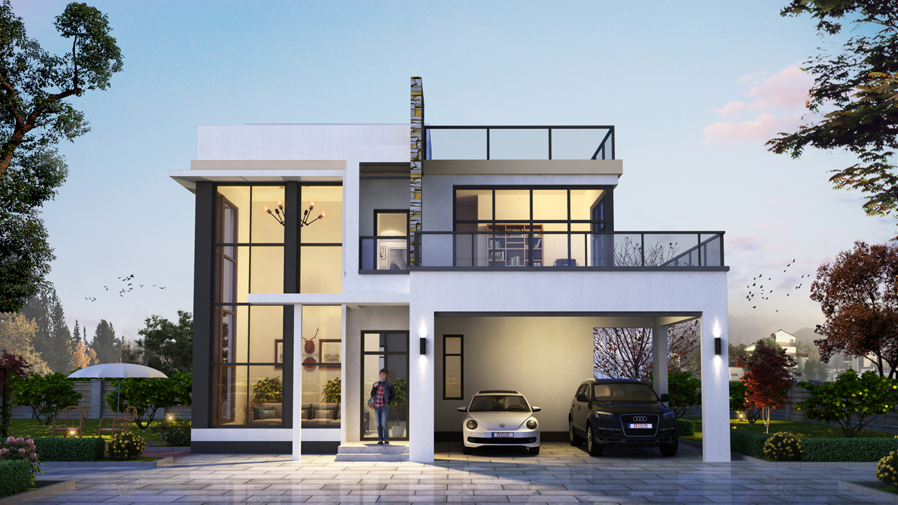 免费分享1000款自建房布局图,三层半现代别墅带落地窗设计图