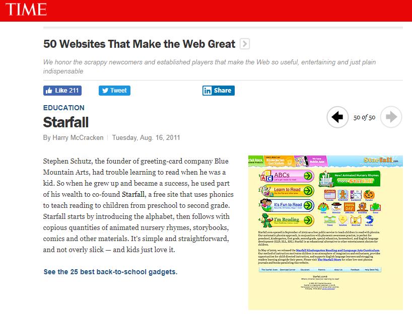 starfall是美国时代周刊选出的让互联网伟大的50个网站之一