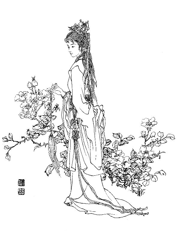 彭连熙工笔白描人物作品,工笔戏曲净角人物白描底稿